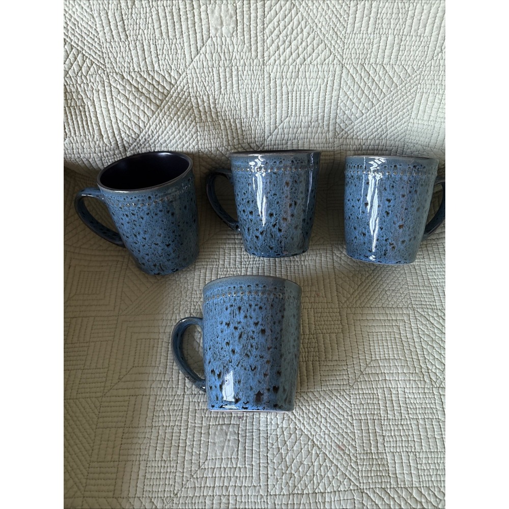 Vtg Elama Set of4 Heavy Teal Blue Speckled Stoneware Coffee Mugs Textured Beaded